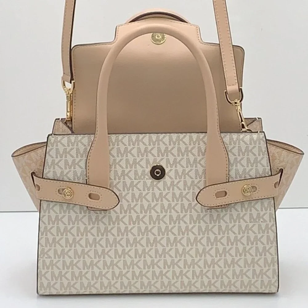 Michael Kors Carmen Medium Logo and Faux Leather Belted Satchel - Picture 1 of 16